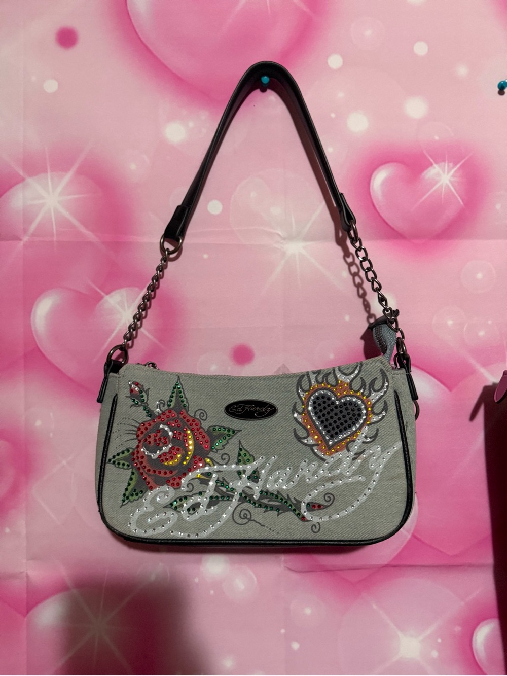 Ed Hardy Gray Shoulder Bag with Studded Rose and Heart Accents
